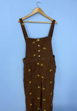 Cider Dungarees Brown Corduroy Floral Embroidered Wide Leg