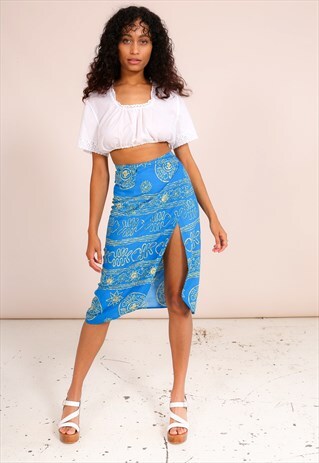 VINTAGE 90S WRAP FRONT SKIRT IN TRIBAL PRINT