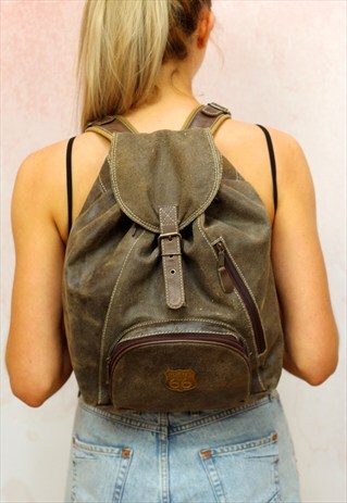 1980S VINTAGE 'ROUTE 66' REAL LEATHER TAN BACKPACK