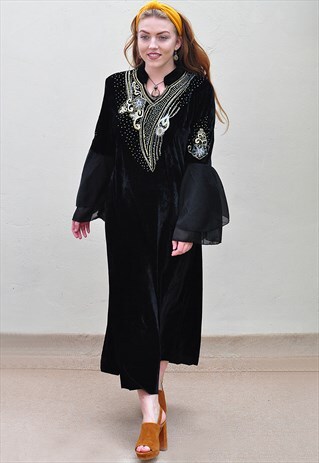 VINTAGE BLACK VELVET STATEMENT EMBROIDERED BEADED MAXI DRESS