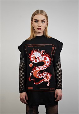 Dragon print vest Y2K surfer tee surfer tank top in black