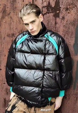 Asymmetric bomber unusual quilted puffer jacket in black