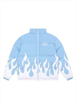 Flame print bomber fire graphic puffer jacket in blue white