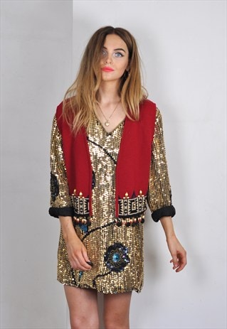 VINTAGE NAVAJO WOOL RED & GOLD EMBELLISHED WAISTCOAT