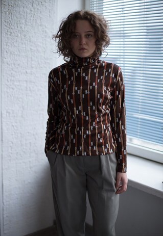 VINTAGE 70'S BROWN PATTERNED HIGH COLLAR BLOUSE