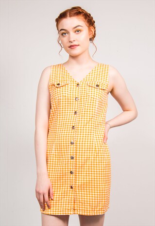 90'S VINTAGE ORANGE GINGHAM PATTERN DENIM MINI DRESS