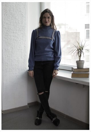 VINTAGE 70'S GREYISH BLUE TURTLENECK KNITTED TOP