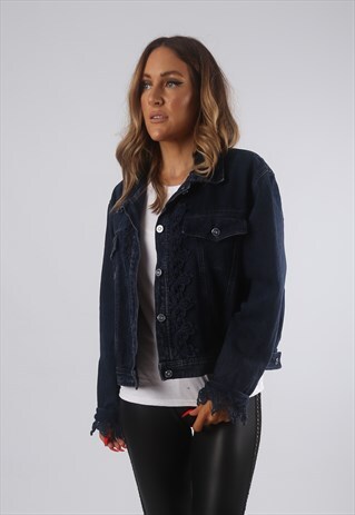 VINTAGE DENIM JACKET OVERSIZED CROTCHET UK 14 LARGE (G82G)