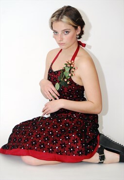 90s Prom Dress (XS) vintage red bodycon goth halter fairy