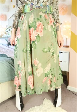Vintage Y2K Green Cottage Floral Flower Festival Maxi Skirt