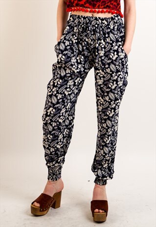 LEAVES PRINT LOOSE FIT COTTON TROUSERS (BLUE)