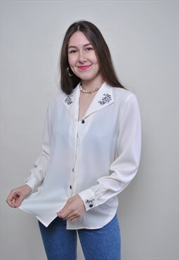 Vintage white blouse, retro flowers embroidery shirt