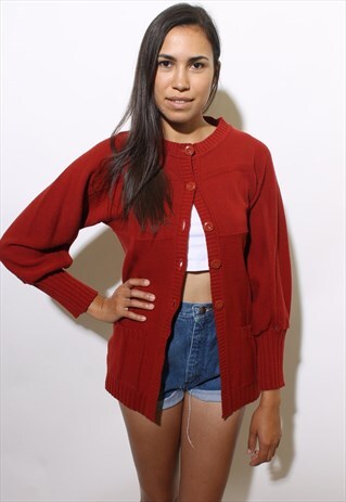 VINTAGE 1970'S 70'S BRICK RED BUTTON UP CARDIGAN SWEATER S-M