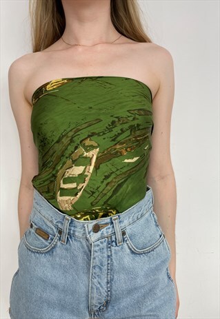 BEAUTIFUL PRETTY RETRO VINTAGE SILKY STYLE GREEN SCARF