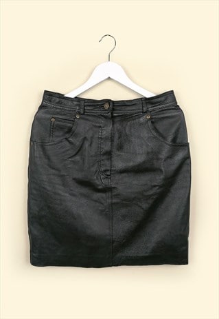 Vintage 80's 90's Black Leather Midi Skirt High Waist Pencil