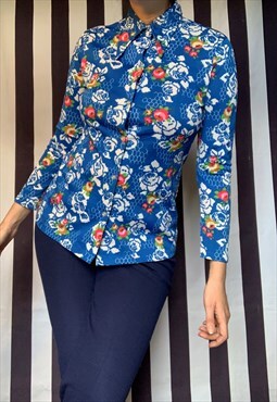 Vintage 70s mod stretch nylon shirt in blue and pink florals