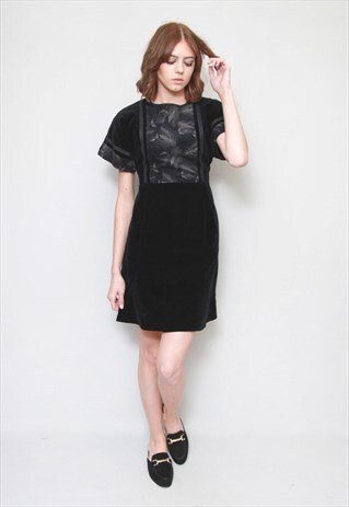 VINTAGE 1970'S BLACK VELVET BIRD PRINT MINI DRESS