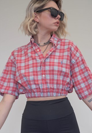 VINTAGE REWORKED RALPH LAUREN CROP TOP SHIRT IN RED CHECKED