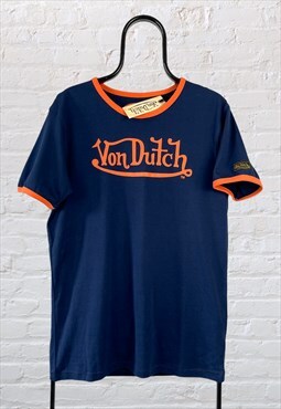 Vintage Von Dutch Ringer T-Shirt Blue Orange Large