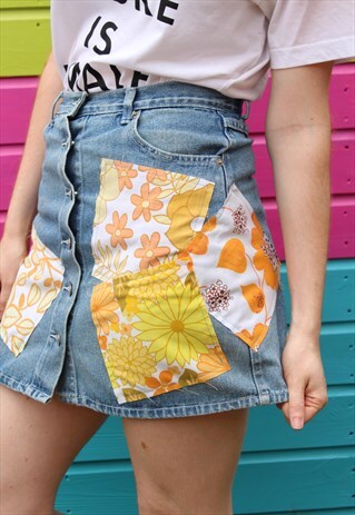 VINTAGE 90S DENIM MINI SKIRT BLUE YELLOW FLORAL PATCHWORK