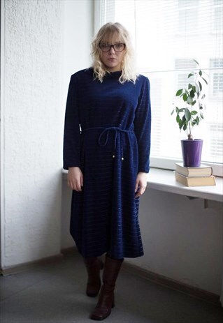 VINTAGE 80'S NAVY VELVET STRIPED GLOSSY HIGH COLLAR DRESS