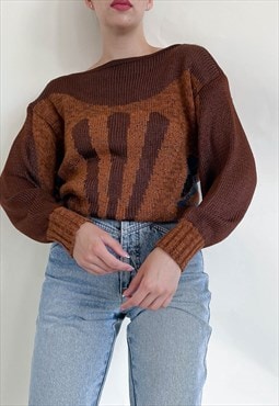 Vintage 80s Drop Shoulder Prolonged Brown Knitted Jumper M