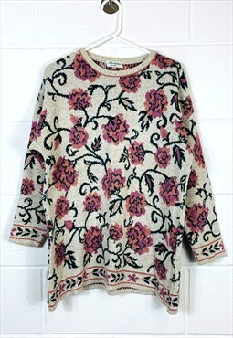 Vintage Patterned Knitted Jumper Abstract Flower Chunky Knit