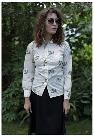 VINTAGE 70'S WHITE PATTERNED LONG SLEEVE SHIRT