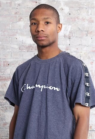 VINTAGE CHAMPION TAPE LOGO SPELLOUT T-SHIRT BLUE
