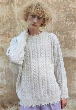 Ripped sweater distressed top cable knit jumper in off white