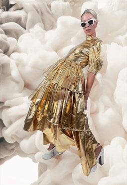 Bauble Chandelier Gold Metallic Tiered Midi Dress