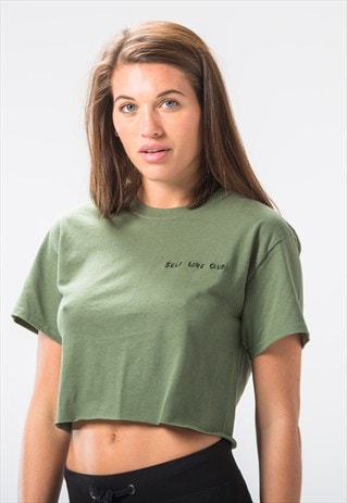 SELF LOVE CLUB CROP EMBROIDERED T-SHIRT MILITARY GREEN