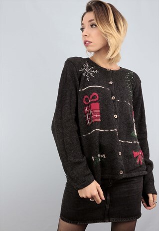 VINTAGE 80S 90S NOVELTY CHRISTMAS CARDIGAN EMBROIDERED BLACK
