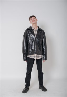 Vintage Y2k Boxy Fit Zip Up Faux Leather Men Jacket in Black