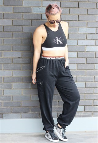 VINTAGE 1990S HARLEY DAVIDSON HIGH WAISTED BLACK JOGGERS