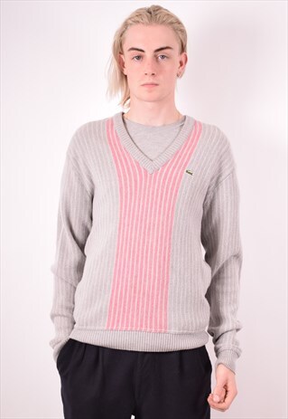 LACOSTE MENS VINTAGE JUMPER SWEATER SMALL GREY STRIPES 90S