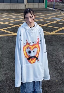 Flame heart hoodie fire graffiti oversized pullover white