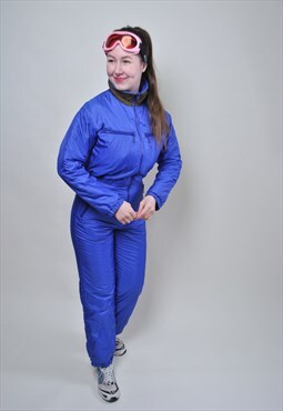 One piece blue ski suit, retro women snowsuit MEDIUM size 