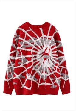 Spider web sweater Gothic jumper knitted grunge top in red