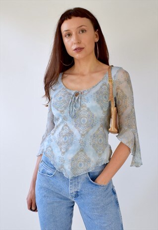 VINTAGE Y2K MESH PAISLEY HANDKERCHIEF V LETTUCE HEM TOP