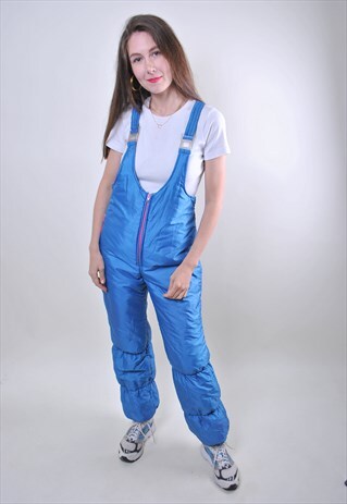 80S BLUE SKI SUIT, VINTAGE SUSPENDERS WOMEN SNOW SUIT