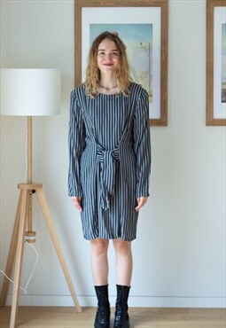 Grey and navy striped long sleeve dress