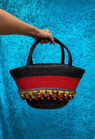 VINTAGE POM POM STRAW BAG