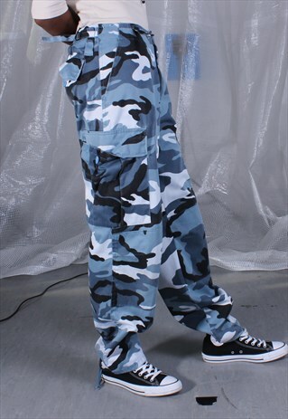 VINTAGE BLACK, WHITE AND BLUE CAMOUFLAGE COMBAT TROUSERS