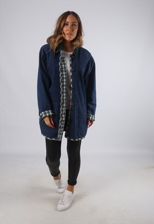 VINTAGE DENIM JACKET OVERSIZED TARTAN LONGLINE UK 14 (H4F)