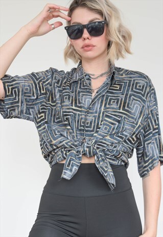 VINTAGE 90S SHIRT SHORT SLEEVED IN GREY AND BEIGE PATTERN
