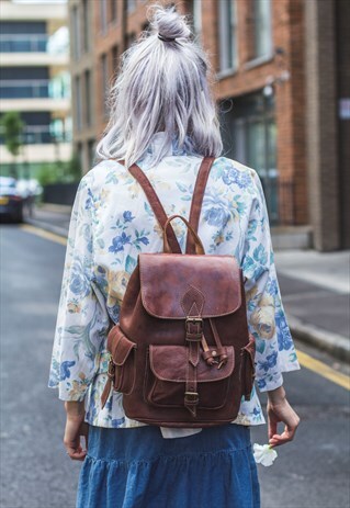 NATURAL LEATHER RUCKSACK BACKPACK IN DARK BROWN