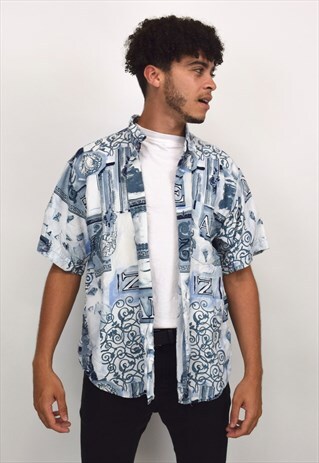 VINTAGE 90S BLUE & WHITE MIXED PRINT SHIRT