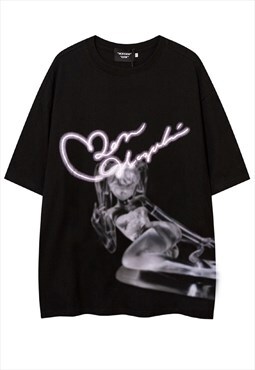 I-girl print t-shirt Y2K anime skater tee in black