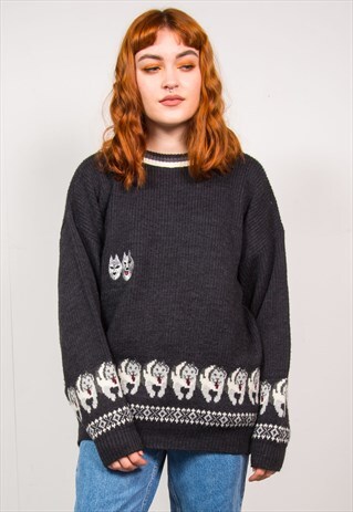 VINTAGE 90'S DARK GREY WOLF EMBROIDERED KNIT JUMPER